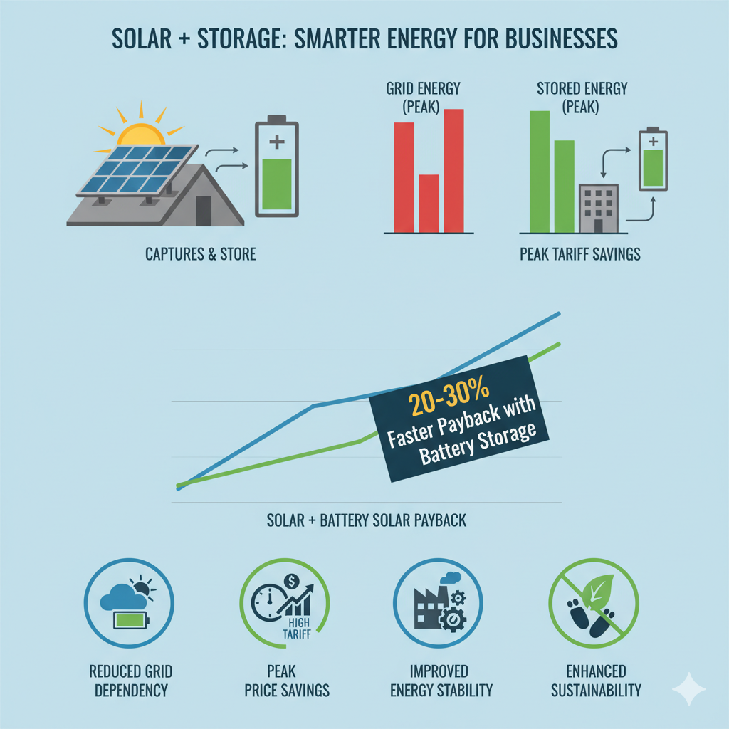 "An infographic highlighting the benefits of adding battery storage to solar PV systems for businesses. The image shows solar panels generating excess energy, which is stored in a battery. It compares grid energy usage with stored energy during peak tariff hours. The infographic also includes a chart demonstrating 20-30% faster payback periods with battery storage versus standalone solar systems. Icons represent reduced grid dependency, peak price savings, improved energy stability, and enhanced sustainability, with text stating '20-30% Faster Payback with Battery Storage.' The design is professional and clean, aimed at business owners
